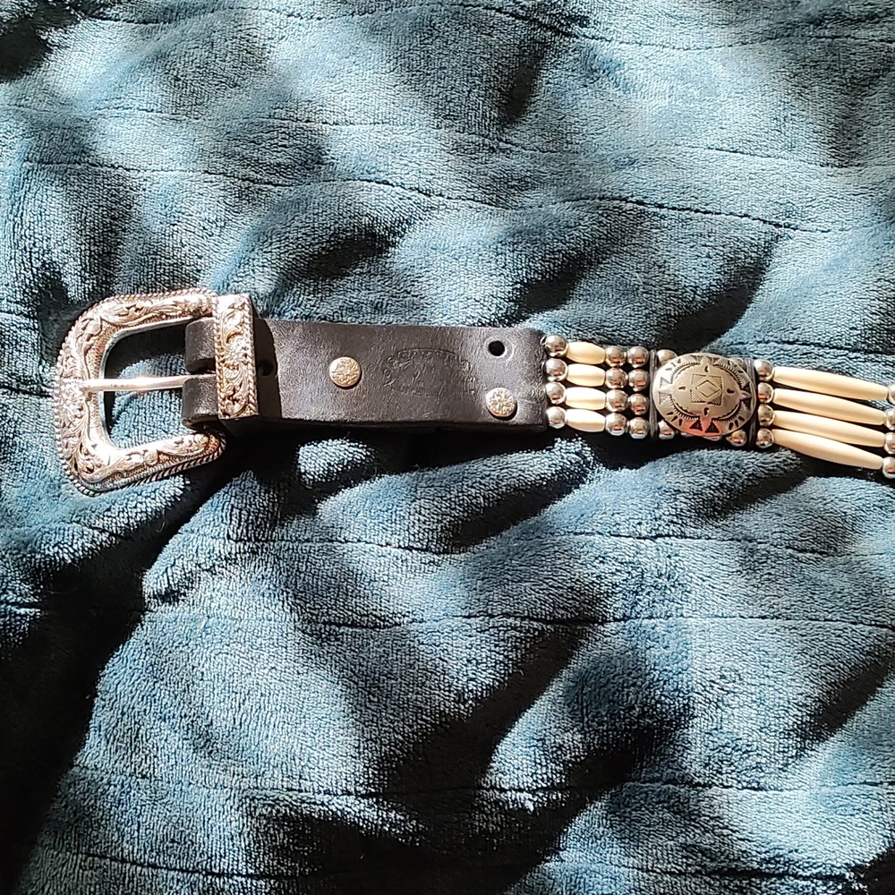 Cactus Mountain Women’s Belt Made of Black Leather, Bone & Silver Conchos Size36